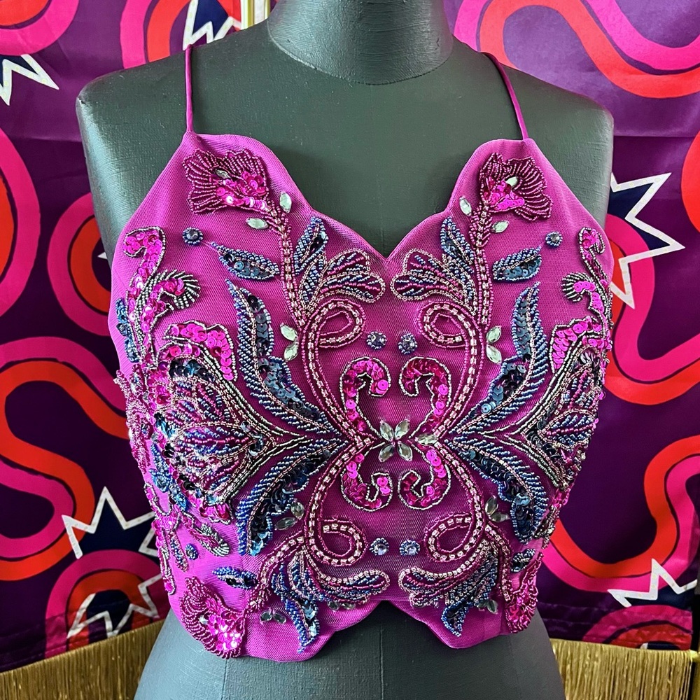 Rachel Allan Beaded Crisscross Top Burlesque Prom Formal Purple Costume Designer